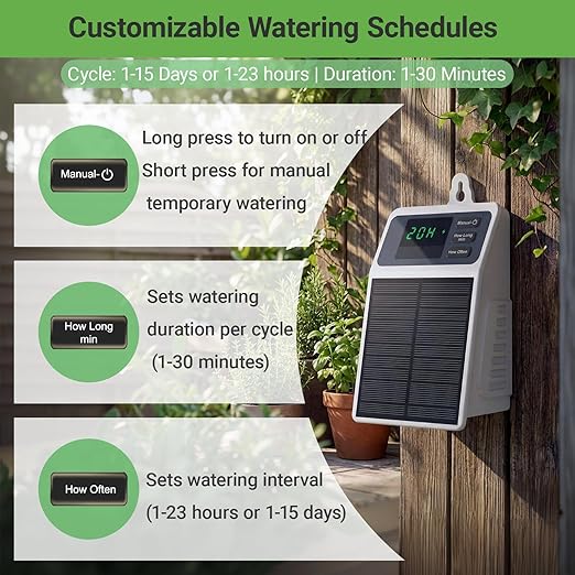 Automatic Solar drip Irrigation System (Solar/USB-C Dual Power), DIY Solar Watering System with Programmable Timer for 15 Potted Plants, IPX5 Auto Watering Kit for Indoor, Balcony, Garden & Vacation