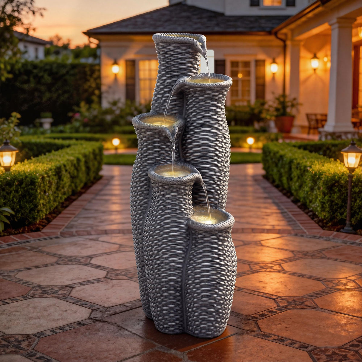 AUTODAYA 33" H Outdoor Water Fountain (Light Gray Faux Rattan 33"h)