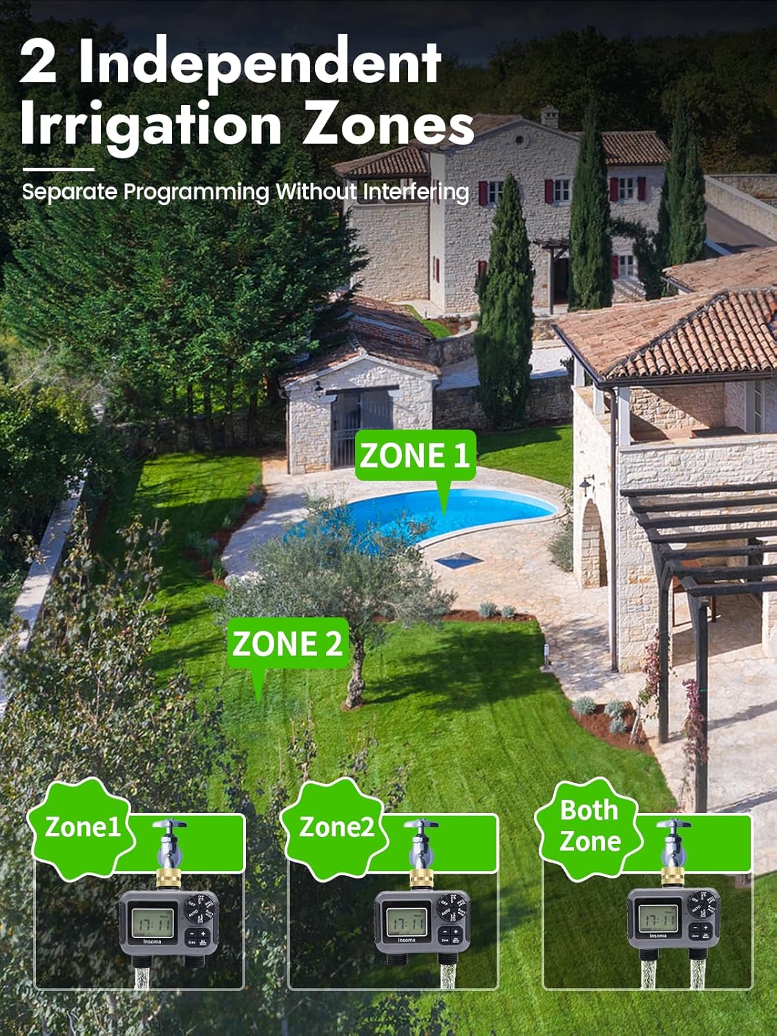 Insoma 2-Zone Hose Timer - Brass Inlet Dual Outlet Sprinkler Timer with Rain Delay/Manual/Auto Modes, 2-Outlet Water Timers for Garden/Greenhouse/Flower Irrigation, Durable Faucet Timers for Lawn Care