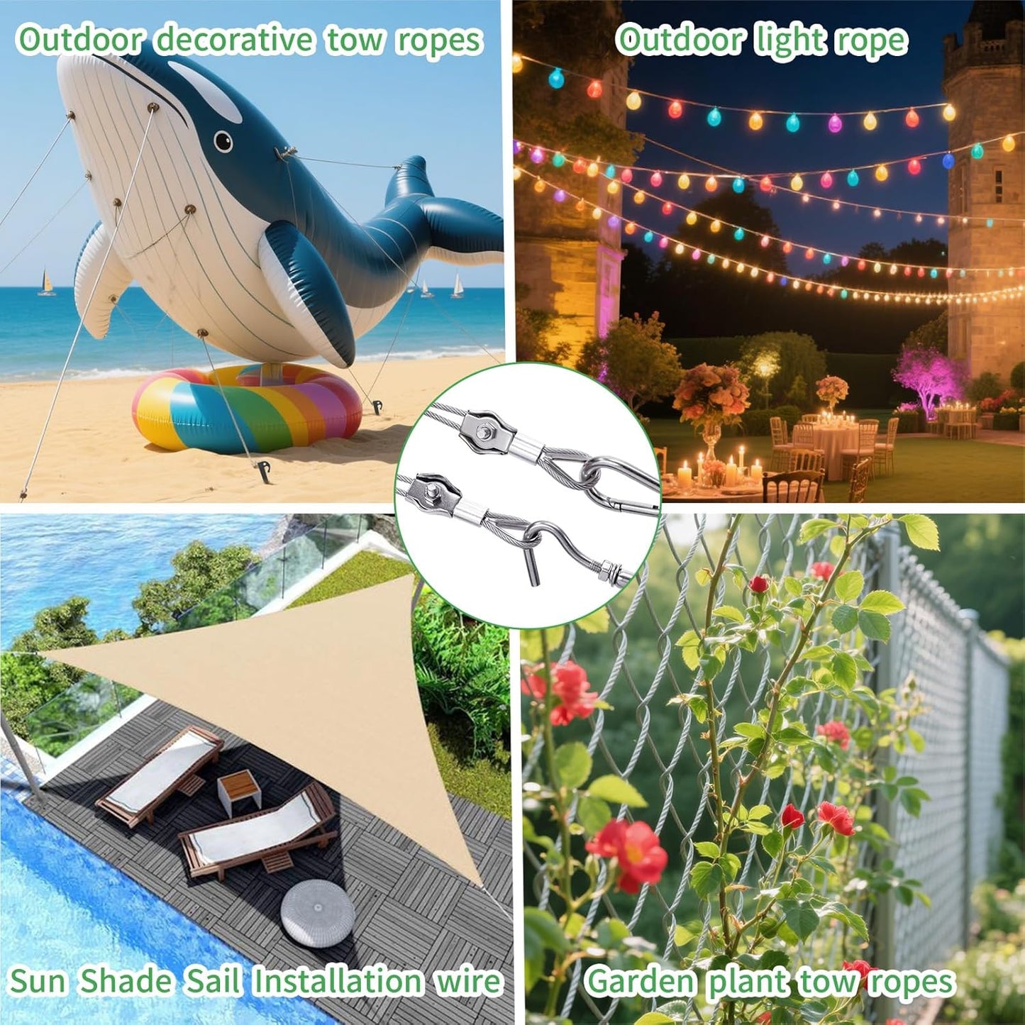 3/38" Wire Cable Rope Kit ，Vinyl Coated 304 Stainless Steel Wire – 300FT 7x7 Strand Cable with Turnbuckles，Shade Sail & Hanging Lights Hardware Kit for Outdoor, Garden,Patio, Crafts,