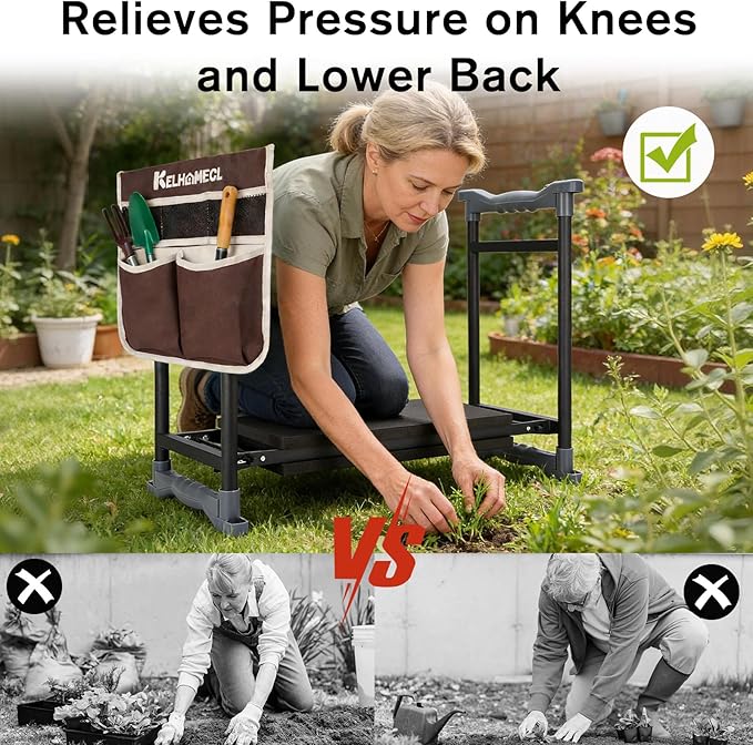 Garden Kneeler and Seat with Umbrella, 2-in-1 Foldable Gardening Stool with Adjustable Bracket, Detachable Tool Bags, Heavy Duty Kneeling Pad for Gardening (Brown)