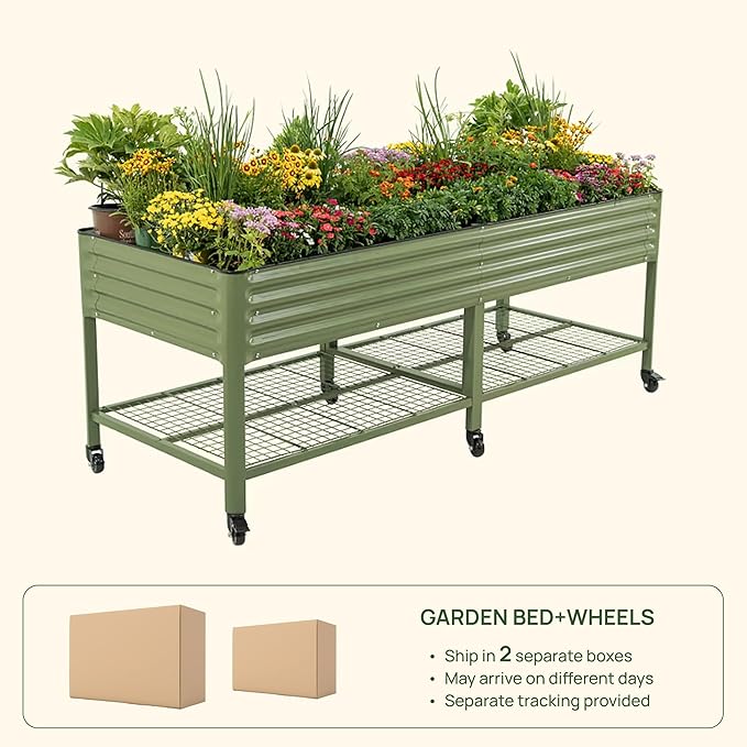 Rolling Elevated Raised Garden Bed - Jumbo Series, 3' x 8' Outdoor Planters Boxes with Legs & Storage Rack for Patio, 2000+ Lbs Weight Capacity, Raised Beds for Gardening Herbs Flowers, Olive Green
