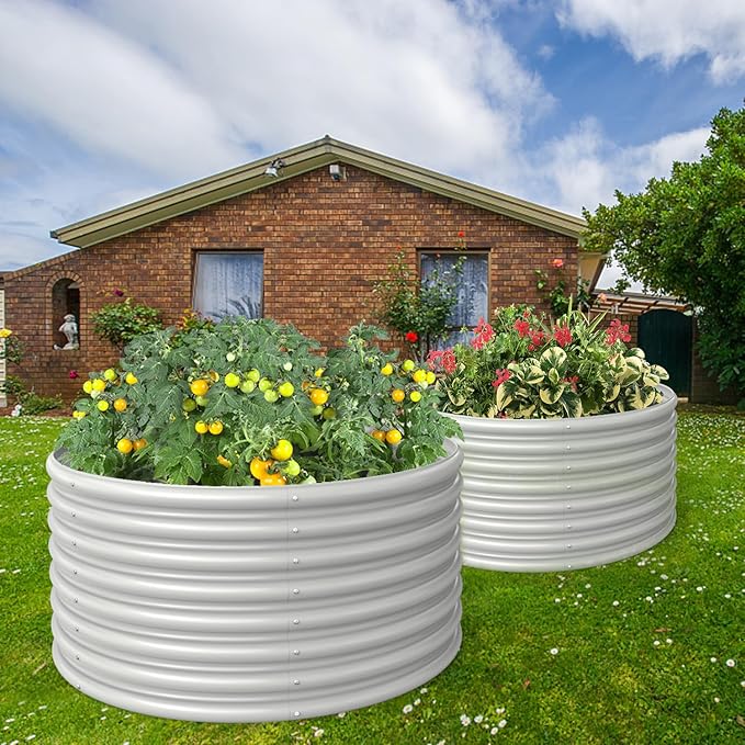 FRIZIONE Raised Garden Bed, 2-Pack 3FT(D) x2FT(H) Round Outdoor Planter Box for Flower, Herb, Vegetable - White