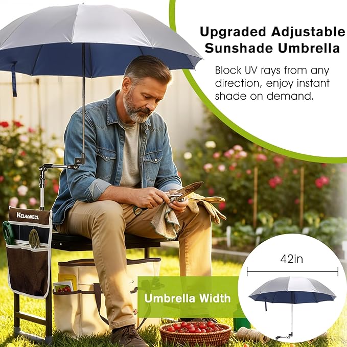 Garden Kneeler and Seat with Umbrella, 2-in-1 Foldable Gardening Stool with Adjustable Bracket, Detachable Tool Bags, Heavy Duty Kneeling Pad for Gardening (Brown)
