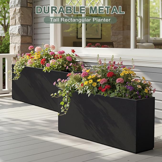 32" L x 10" W x 16" H Metal Rectangular Planters, Long Outdoor Planter Box, Black Rectangle Planter for Front Porch, Garden, with Drainage Holes, All Weather Use (No Insert Shelf)