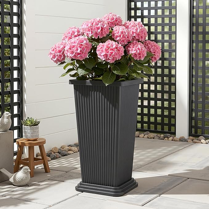 Set of 2 Tall Outdoor Planters with Drainage Tray, 24 Inch Large Flower Pots for Indoor Plants, Front Porch Tall Planter, Weather-Resistant (Gray Ribbed)