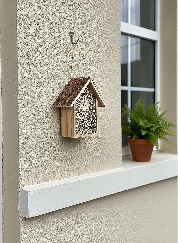 Redwood Mason Bee House - Solitary Insect Hotel & Wooden Nesting Habitat | Leafcutter Bee Hive with Easy-Hang Jute Rope | Outdoor Garden Decor & Weatherproof Beneficial Bug Home for Pollinators