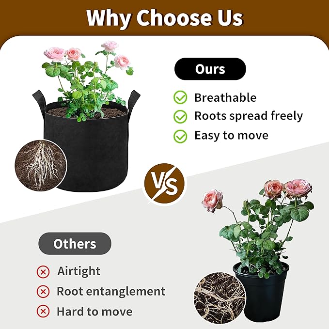 6 Pack 3 Gallon Grow Bags, Heavy Duty 300g Nonwoven Fabric Plant Pots with Reinforced Handles, Breathable Potato & Tomato Grow Bags for Vegetables, Peppers, Herbs - Black
