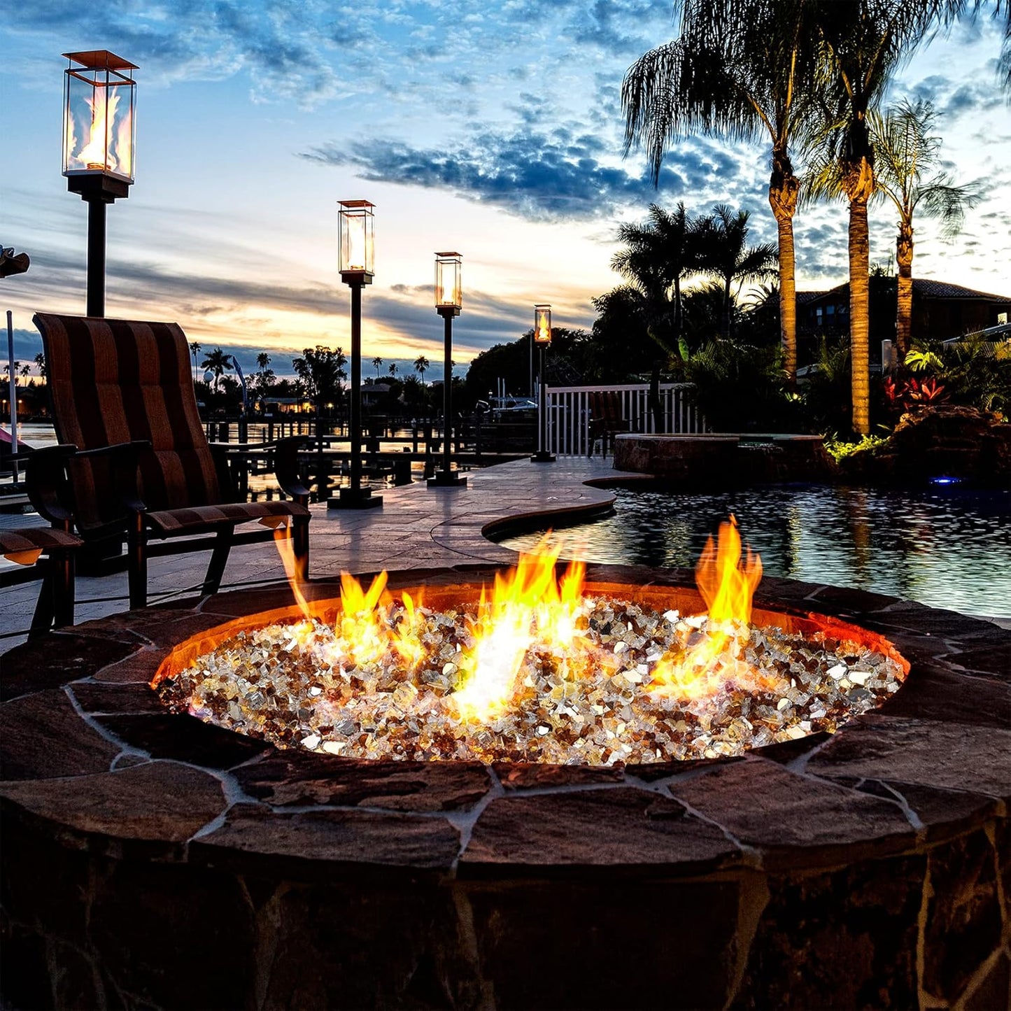 Mr. Fireglass Blended Reflective Fire Glass for Fire Pit Fireplace and Landscaping, 10 Pounds 1/4 Inch Mixed Colored High Luster Fire Rocks for Outdoor and Indoor Use Copper+Gold+Platinum