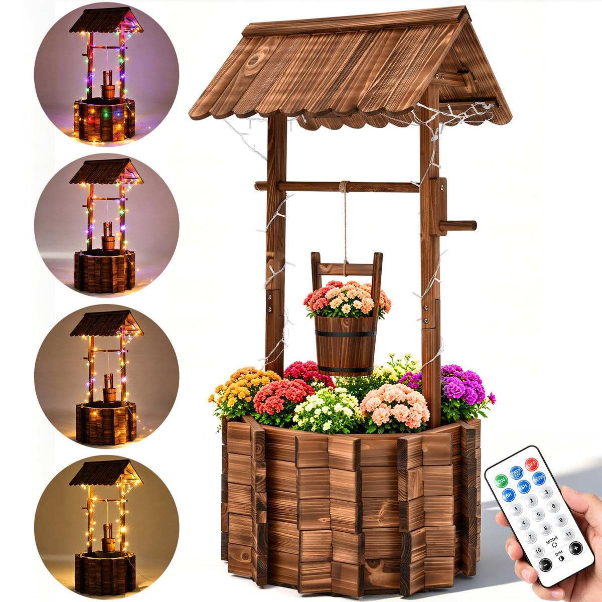 54" Outdoor Wooden Wishing Well Planter with Colorful LED Lights (54" H-wishing Well Planter)