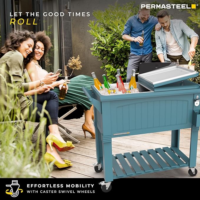 Permasteel Party Cooler with Divider, Spacious 80-Qt Capacity, Chills 36hrs, Serving Tray, Rolling Ice Chest for Indoor and Outdoor Entertainment, Matte Teal