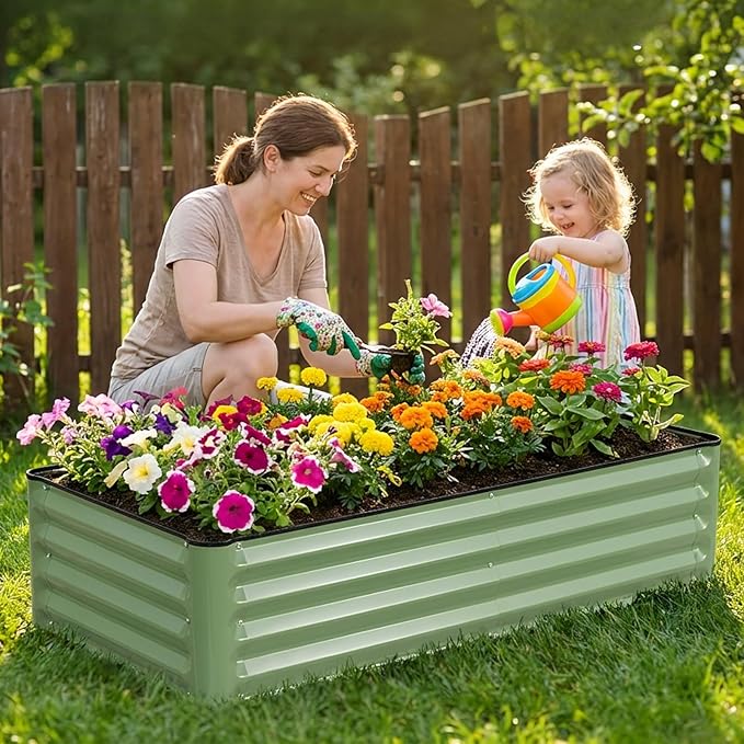Galvanized Raised Garden Bed – 1 Pack 4x2x1 Ft Patented Leak-Proof Planter Box Outdoor Gardening Metal Raised Garden Beds Kits for Veggies, Herbs & Flowers (Green)