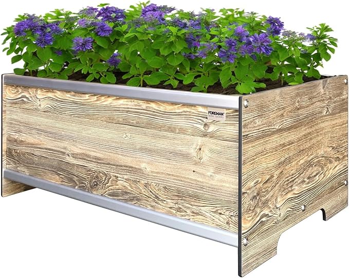 Foreman Raised Garden Bed 36”Lx24”Wx14”H Premium Plastic Wood Grain Aluminum Frame Elevated Planter Box for Backyard Patio Balcony, Amaretto