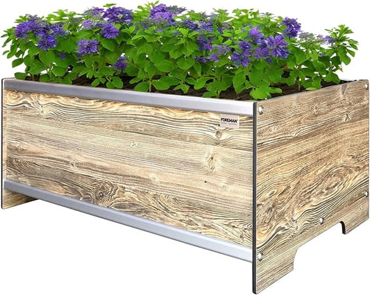 Foreman Raised Garden Bed 36”Lx24”Wx14”H Premium Plastic Wood Grain Aluminum Frame Elevated Planter Box for Backyard Patio Balcony, Amaretto