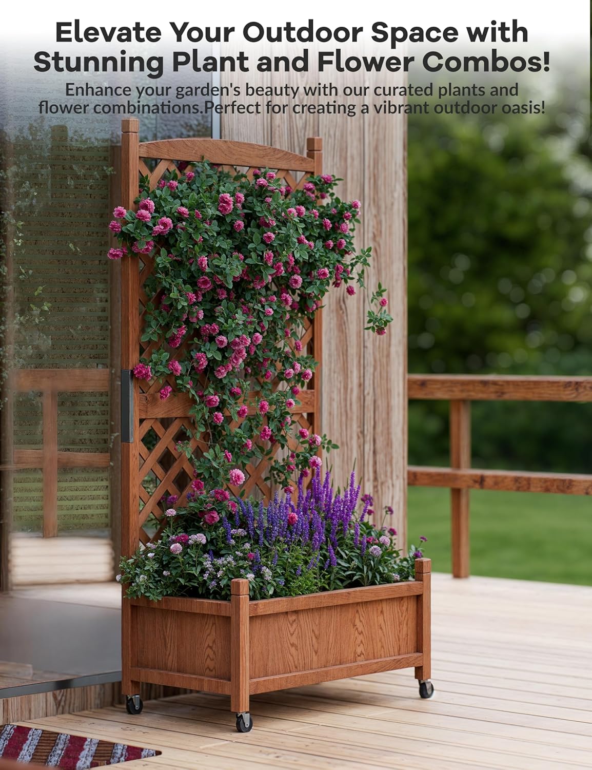 29.5" x 13"x 61.5" Wood Planter Box With Trellis For Plant & Flower, Raised Garden Bed With Wheels, Standing Vertical Horticulture Trellis Planter With Drainage Holes for Patio Garden, 1PC
