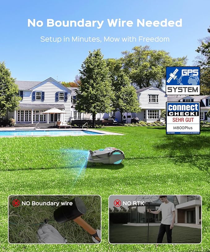 New M800Plus Robot Lawn Mower, GPS & 3D Vision, APP Control, Obstacle Avoidance, Auto-Charging, Bow-Shaped Mowing for Lawns up to 8611 sq.ft (1/5 Acre), with 32.8 ft Magnetic Stripe