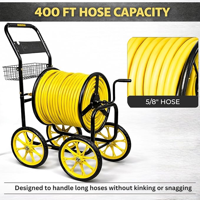 Garden Hose Reel Cart, Heavy Duty Hose Reel with Wheels, Outdoor Water Hose Reel for Backyard, Garden, or Lawn, Metal Hose Carts (400ft Hose Carriage)