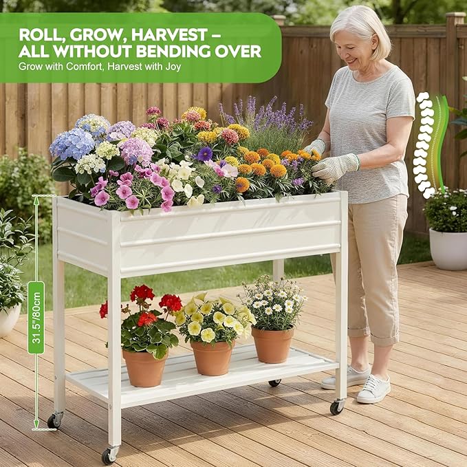 ZORMY 32" Tall Galvanized Raised Garden Bed with Legs Wheels & Shelf, Elevated Planter Box Outdoor for Vegetables, Herbs & Flowers, Patio & Backyard, Garden Bed with 400lb Capacity，White