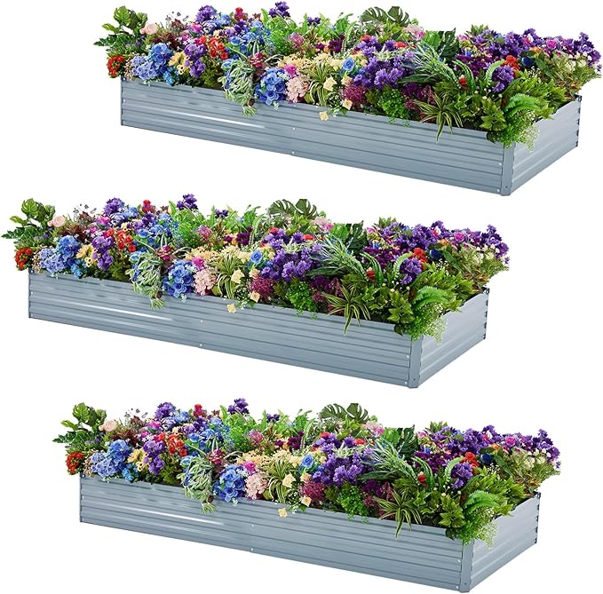 3 Pack 6x3x1FT Galvanized Raised Garden Beds Kit Outdoor Metal Gardening Planter Box for Vegetable Elevated Flower Herbs,Gray