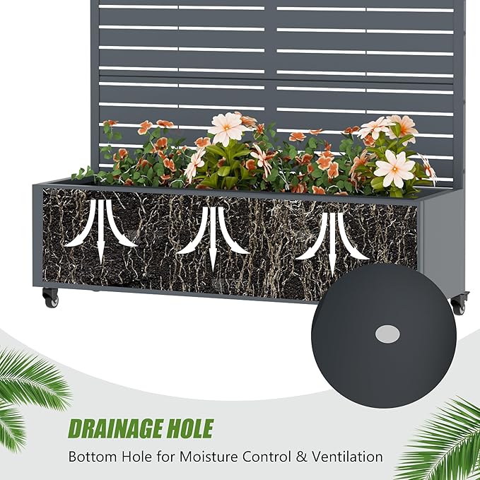 Casaphoria Metal Raised Garden Bed with Trellis and Wheels, 72"x47"x16" Planter Box for Climbing Plants, Vegetables & Vines, Features Drainage Holes and Privacy Screen, Drakgrey-Louvered