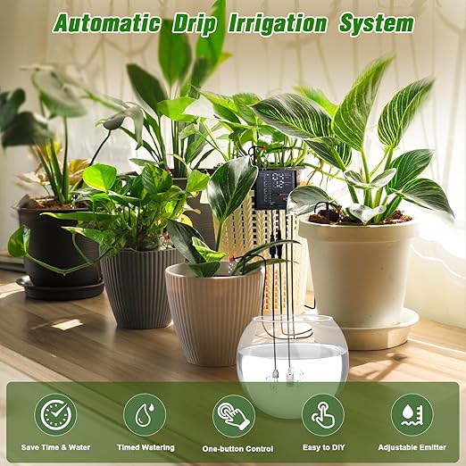 Automatic Watering System for Indoor Plants, DIY Drip Irrigation Kit with Timer for Potted Plants,Self Watering Device for Garden, Greenhouse & Vacation Plant Care (10 pots, Adjustable dripper)