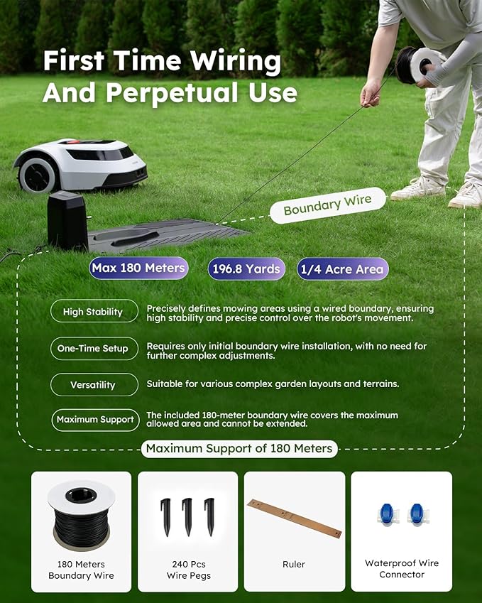 Robot Lawn Mower with Stable Boundary Wire for 1/4 Acre - 300% Higher Efficiency of Grid-Shaped Mowing Path, Automatic Robotic Lawn Cutter Mowers with Auto Mapping & Recharge, IPX6 Waterproof