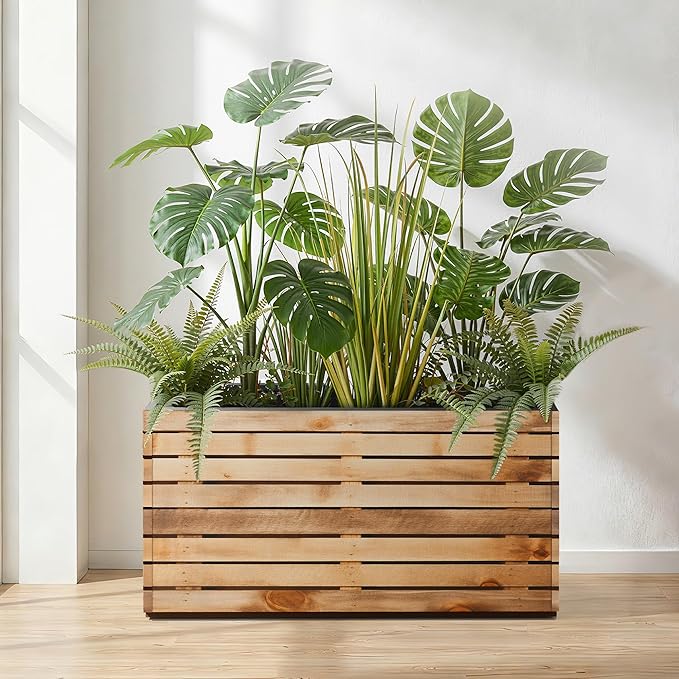 Rectangular Planters for Outdoor Plants, Large Planter Box with Drainage Holes, Metal Balck Palnters for Patio, Garden (32" L x 15" W x 16" H, Walnut Wood Grain)