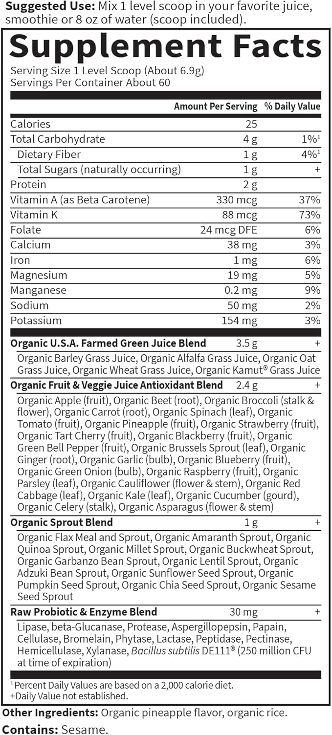 Garden of Life Super Greens Powder Smoothie & Mix, Probiotics & Digestive Enzymes, Organic Superfoods Nutrition Fruit and Vegetables for Women & Men Energy, Original, 60 Servings, (Pack of 2)