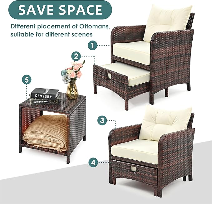 Pamapic 5 Pieces Patio Furniture Set, Rattan Balcony Furniture with Ottomans, PE Wicker Outdoor Patio Chairs Set with Coffee Table for Poolside, Porch, Lawn, Garden, Balcony(Beige)