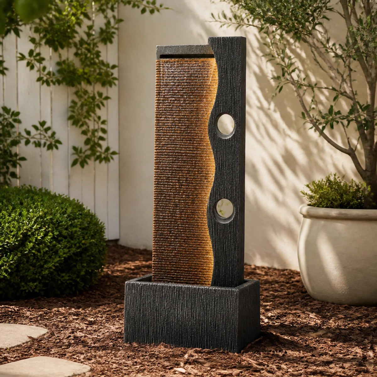 AUTODAYA 39" Modern Zen Outdoor Water Fountain LED Cascading Waterfall (Weathered Gray 39"h)
