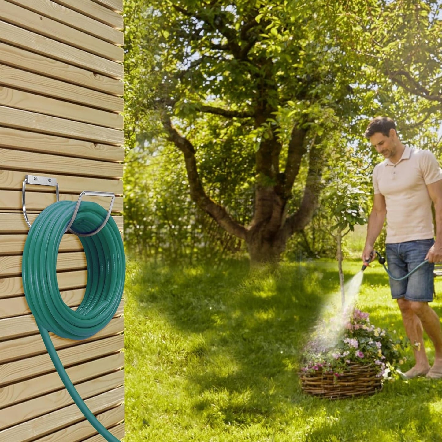 Garden Hose Holder Water Hose Hanger Wall Mounted,304Stainless Steel Solid Hose Hook Holds Up to 150Ft Garden Hose, Expandable Hose, Water Hose - Chrome