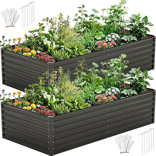 DWVO 2pcs 8 x 4 x 2 FT Raised Garden Bed Kit, Outdoor Galvanized Flower Bed with Safety Rubber and Gloves, Large Metal Planter Box for Vegetables, Flowers, Herbs, Fruits, Black