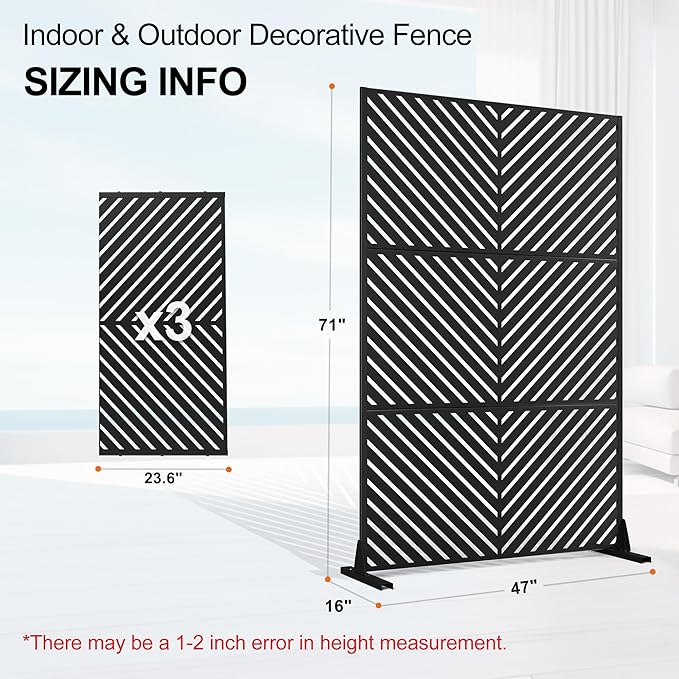 Metal Privacy Screen Outdoor, 71" H×47" W Privacy Fences and Panels for Patio Yard Deck, Freestanding Screens & Trellis, Weather Resistant (Black Parallel, 3 Panels)