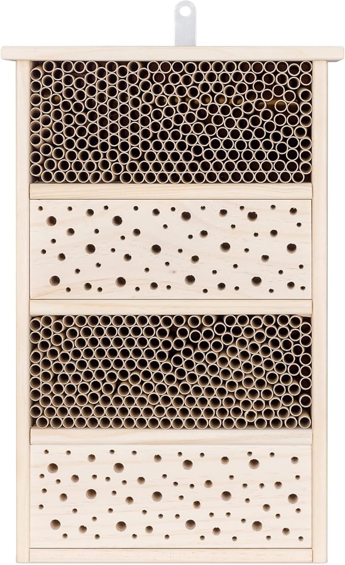 Navaris Bee House for Garden - 10.2" x 15.8" Bee Hotel for The Garden - Nesting Tubes Box with Holes for Carpenter Bees, Pollinating Bees, Mason Bees