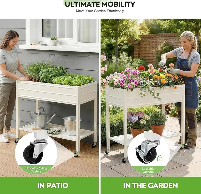ZORMY 32" Tall Galvanized Raised Garden Bed with Legs Wheels & Shelf, Elevated Planter Box Outdoor for Vegetables, Herbs & Flowers, Patio & Backyard, Garden Bed with 400lb Capacity，White