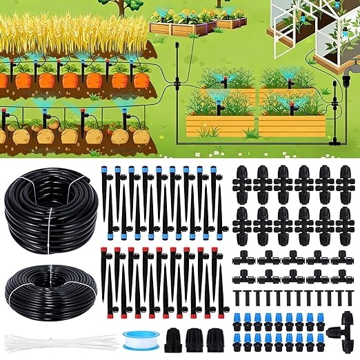 300FT Drip Irrigation System Kit, Automatic Garden Watering Misting System with 70FT1/2 inch Hose 230FT 1/4 inch Distribution Tubing and Accessories for Garden Lawn Greenhouse Plant Flower Bed