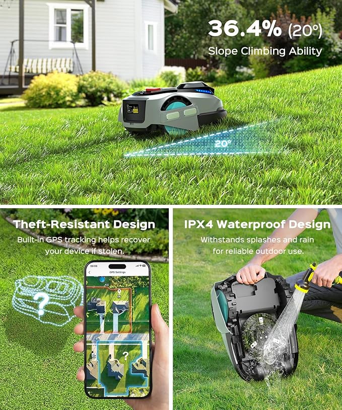 N1600 PRO Robot Lawn Mower, Wireless Design with RTK+Vision Navigation, 0.4 Acre Coverage, APP Smart Control Robot Lawn Mower, Multi-Zone Mowing, Curved Path, Adjustable Cutting Height