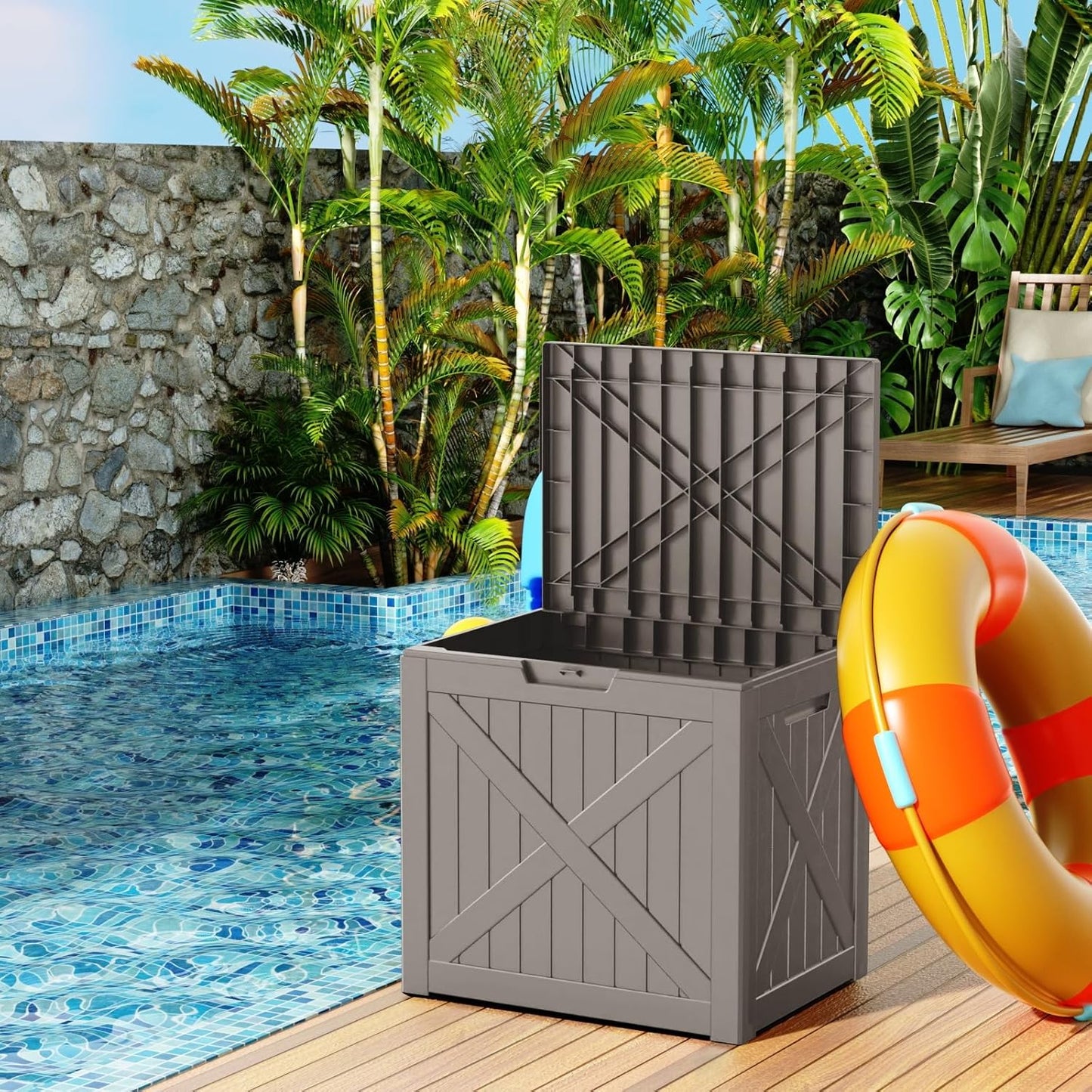 31 Gallon Resin Deck Box, Lockable Patio Outdoor Storage Box for Furniture, Garden Tools and Tools Storage, Waterproof Outside Storage Boxes - Grey