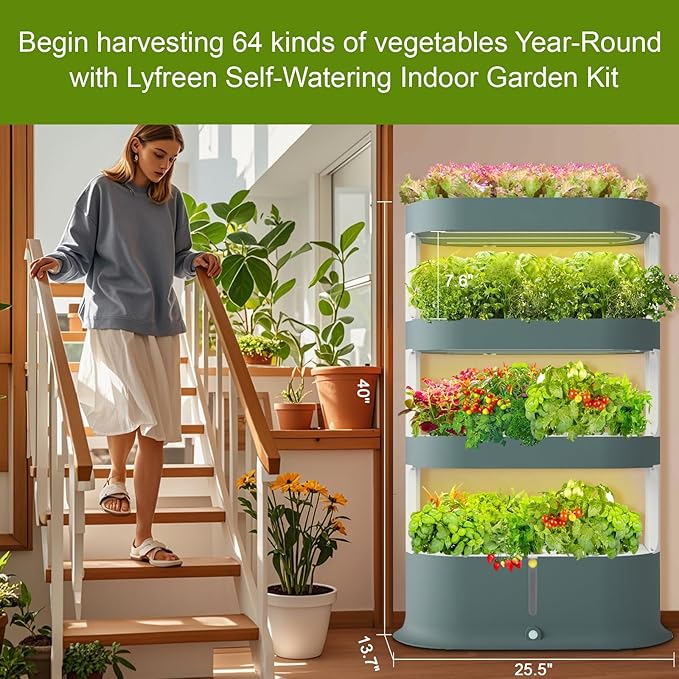 Lyfreen Smart Hydroponics Growing System Kit, 4-Tier Indoor Herb Garden with LED Grow Light & Timer, Vertical Hydroponic Tower for 64 Plants, 36L Self-Watering System for Herbs & Vegetable