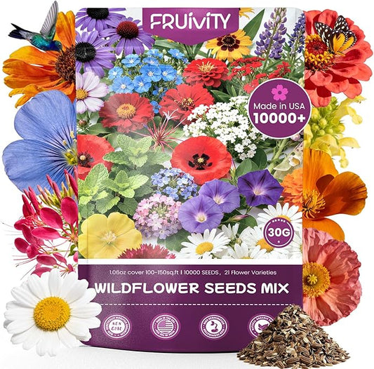 Wildflower Seeds Bulk 10000+, 1.06oz Butterfly Hummingbird Mix, 21 Variety Perennial Annual Mix, Non-GMO Heirloom Flower Seeds for Planting Outdoor Indoor, High Germination Rate Garden Seeds