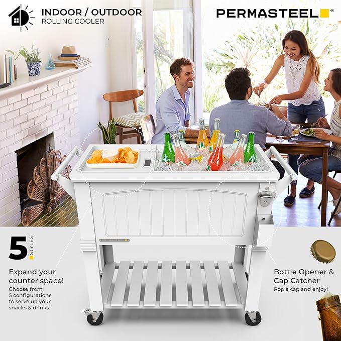 Permasteel Party Cooler with Divider, Spacious 80-Qt Capacity, Chills 36hrs, Serving Tray, Rolling Ice Chest for Indoor and Outdoor Entertainment, Matte White