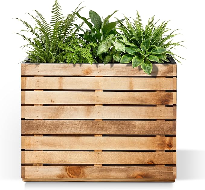 Metal Rectangular Planter Box with Drainage Holes, Tall & Large Rectangle Planter for Outdoor Plants, Flowers, Trees (30" L x 12" W x 24" H, Walnut Wood Grain)