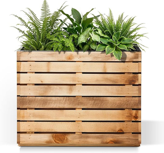 Metal Rectangular Planter Box with Drainage Holes, Tall & Large Rectangle Planter for Outdoor Plants, Flowers, Trees (30" L x 12" W x 24" H, Walnut Wood Grain)