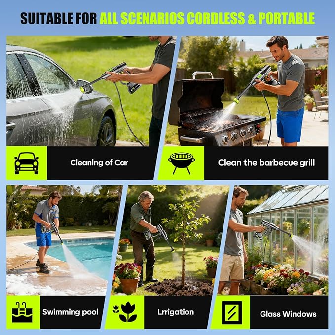 YKYI Cordless Pressure Washer Battery Powered, 30 Speed Level, 1200 PSI Portable Power Washer with 6-in-1 Nozzle, 24FT High-Elastic Hose, Handheld Pressure Washer for Car, Garden Cleaning (Gray)