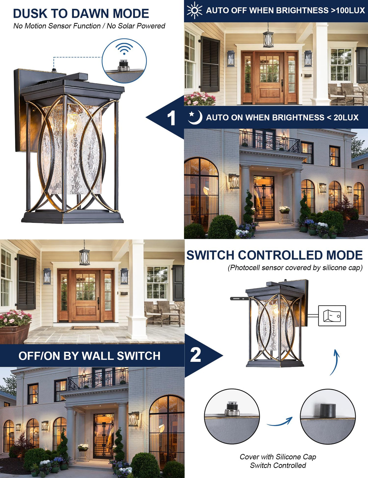 Dusk to Dawn Outdoor Wall Light Black with Gold Trim Modern Exterior Sconce Aluminum Waterproof Coach Light Fixture with Crack (Black and Gold-L)