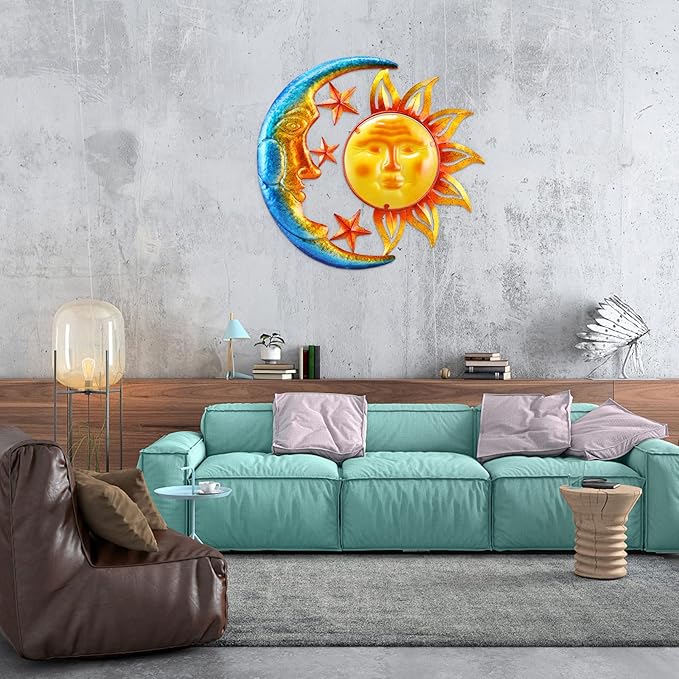 Metal Sun Outdoor Wall Art Decor Large 18 Inch with Moon & Stars, Hanging for Indoor Outdoor Patio Garden Fence Deck Yard Pool Wall Sculpture Decoration for Living Room Bedroom Colorful