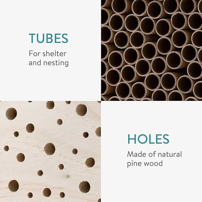 Navaris Bee House for Garden - 10.2" x 15.8" Bee Hotel for The Garden - Nesting Tubes Box with Holes for Carpenter Bees, Pollinating Bees, Mason Bees