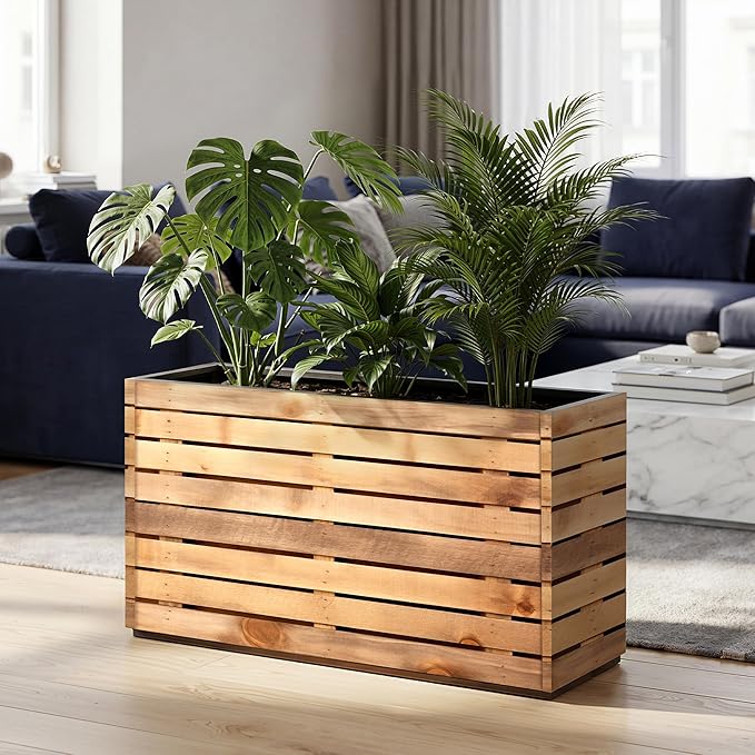 Rectangular Planters for Outdoor Plants, Large Planter Box with Drainage Holes, Metal Balck Palnters for Patio, Garden (32" L x 15" W x 16" H, Walnut Wood Grain)
