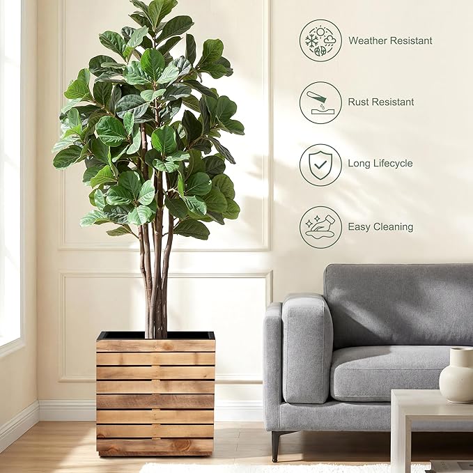 Metal Planter Box for Outdoor Plants, Black Rectangular Planters for Porch with Drainage Holes, All-Weather Use, Rust-Resistance (17" L x 17" W x 18" H, Walnut Wood Grain)