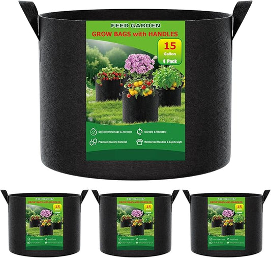 FEED GARDEN 15 Gallon Grow Bags 4 Pack – Heavy Duty 300G Thick Fabric Plant Pots with Reinforced Handles, Breathable Drainage Planters for Tomatoes, Potatoes & Large Vegetables Indoor Outdoor